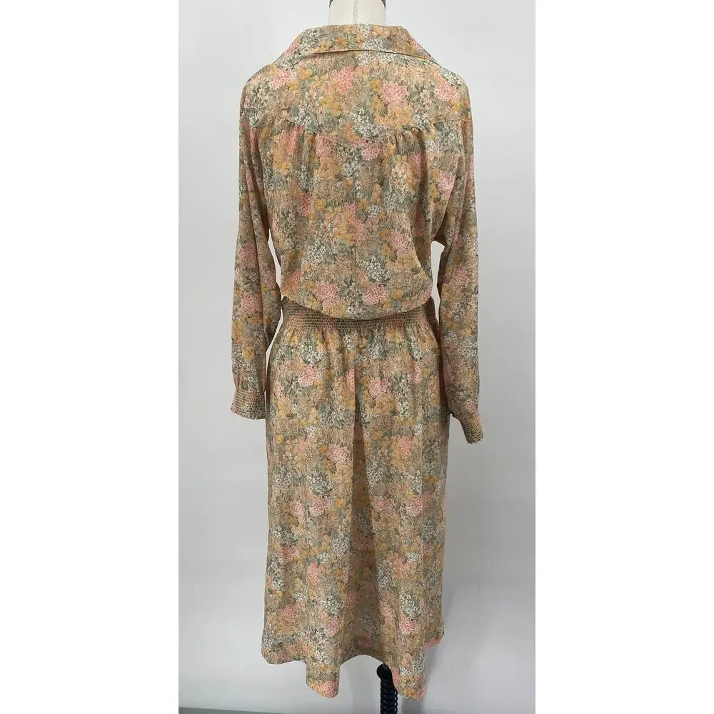 Vintage 70s Floral Print Shirtdress Long Sleeve Tie Waist Blouson Midi Dress M - Picture 7 of 11
